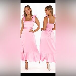 Show Me Your Mumu Bridesmaid Dress - Claire Midi pink satin luxe